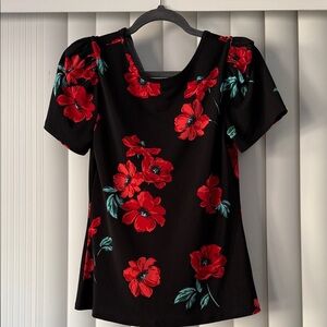 Express Black Top with Red Floral Design
